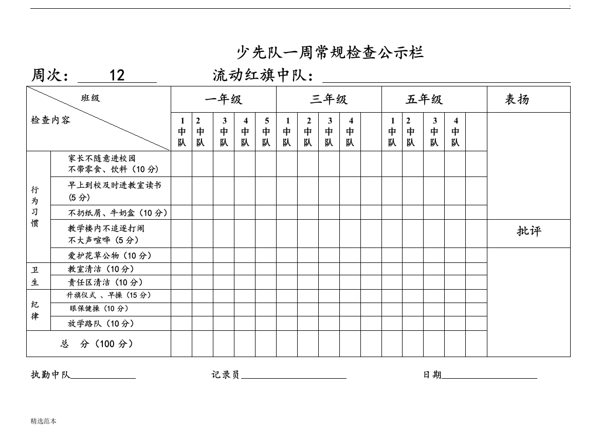 少先队常规检查公示栏用表