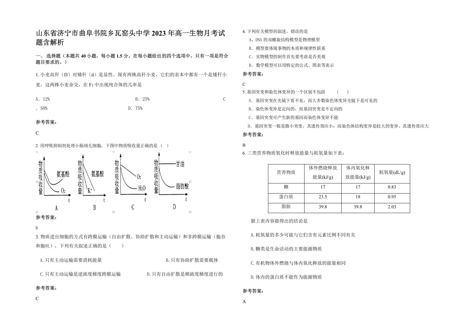 山东省济宁市曲阜书院乡瓦窑头中学2023年高一生物月考试题含解析