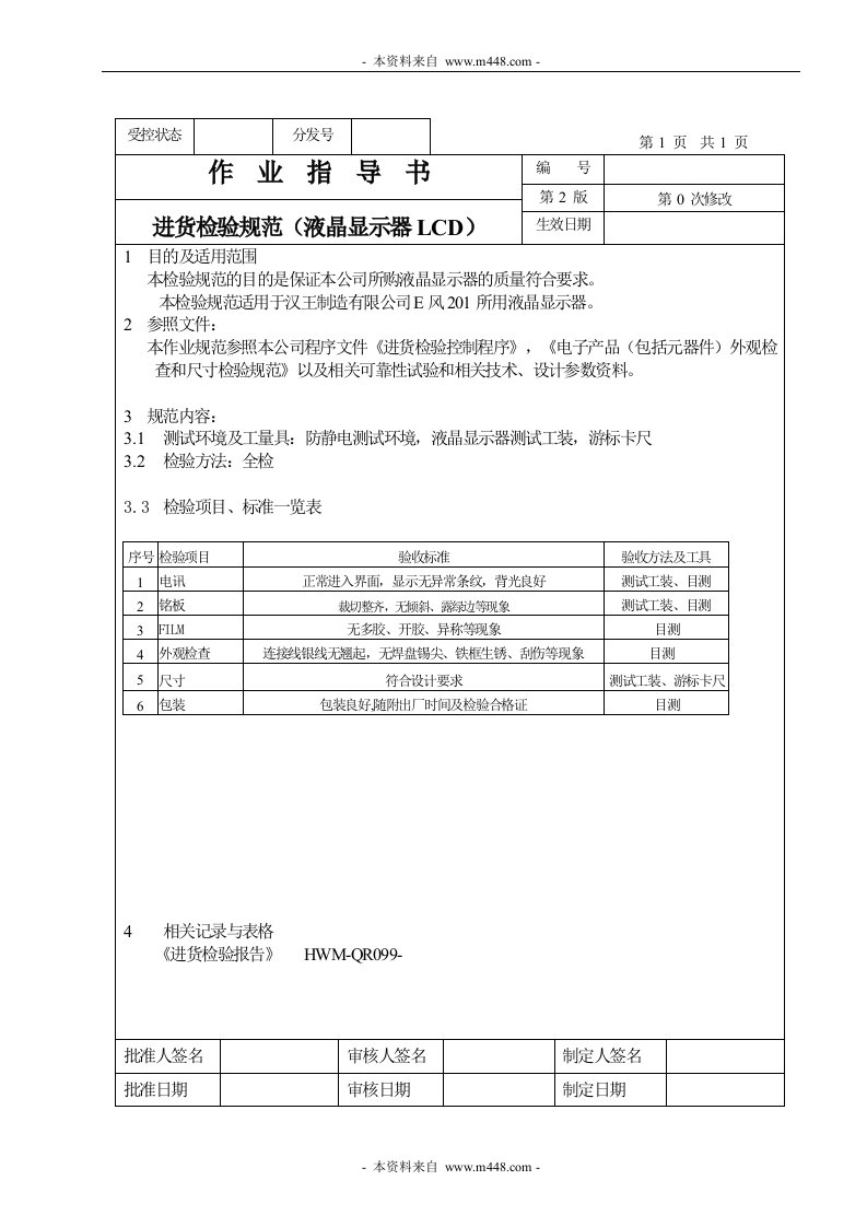 进货检验规范作业指导书（液晶显示器LCD）-作业指导