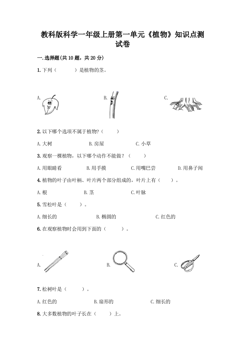 教科版科学一年级上册第一单元《植物》知识点测试卷带完整答案(全优)