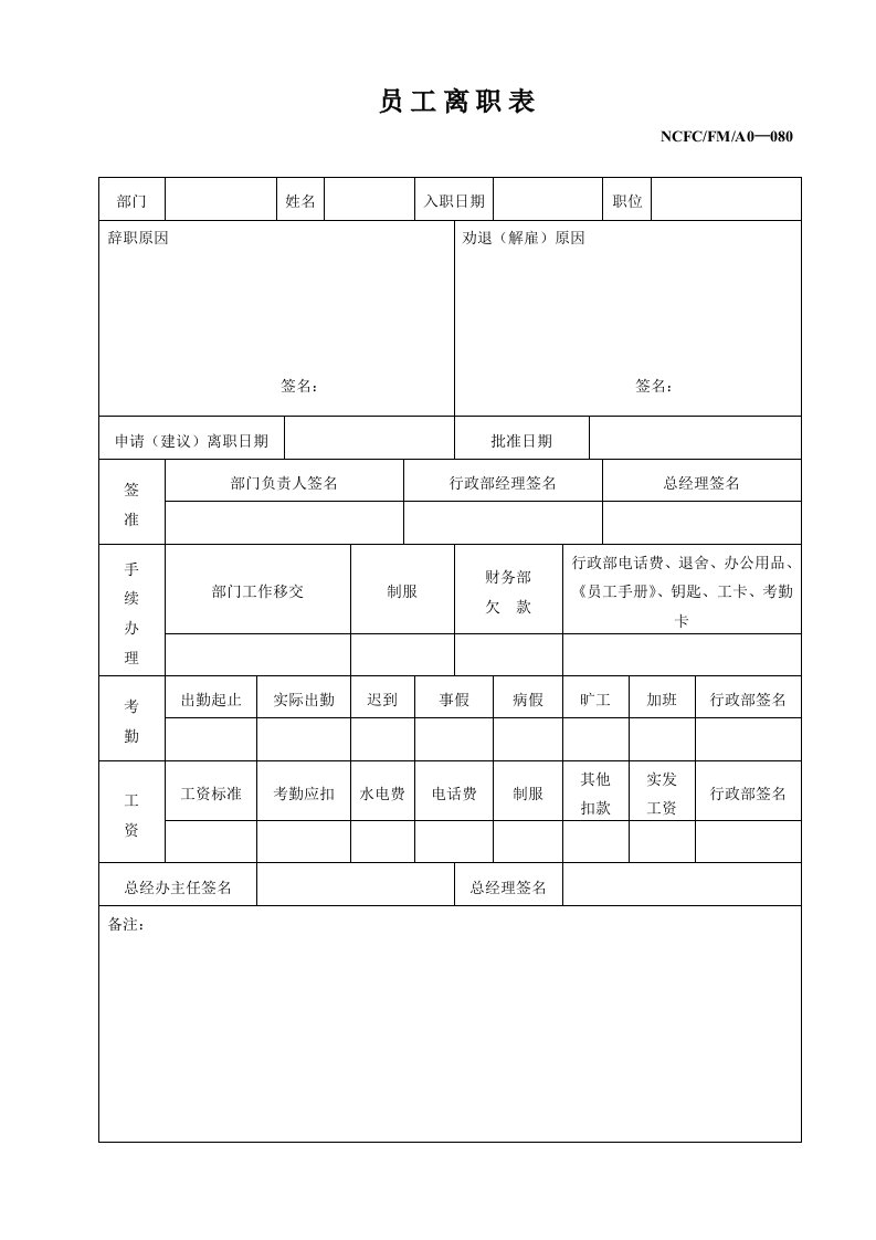 考勤管理-080员工离职表080