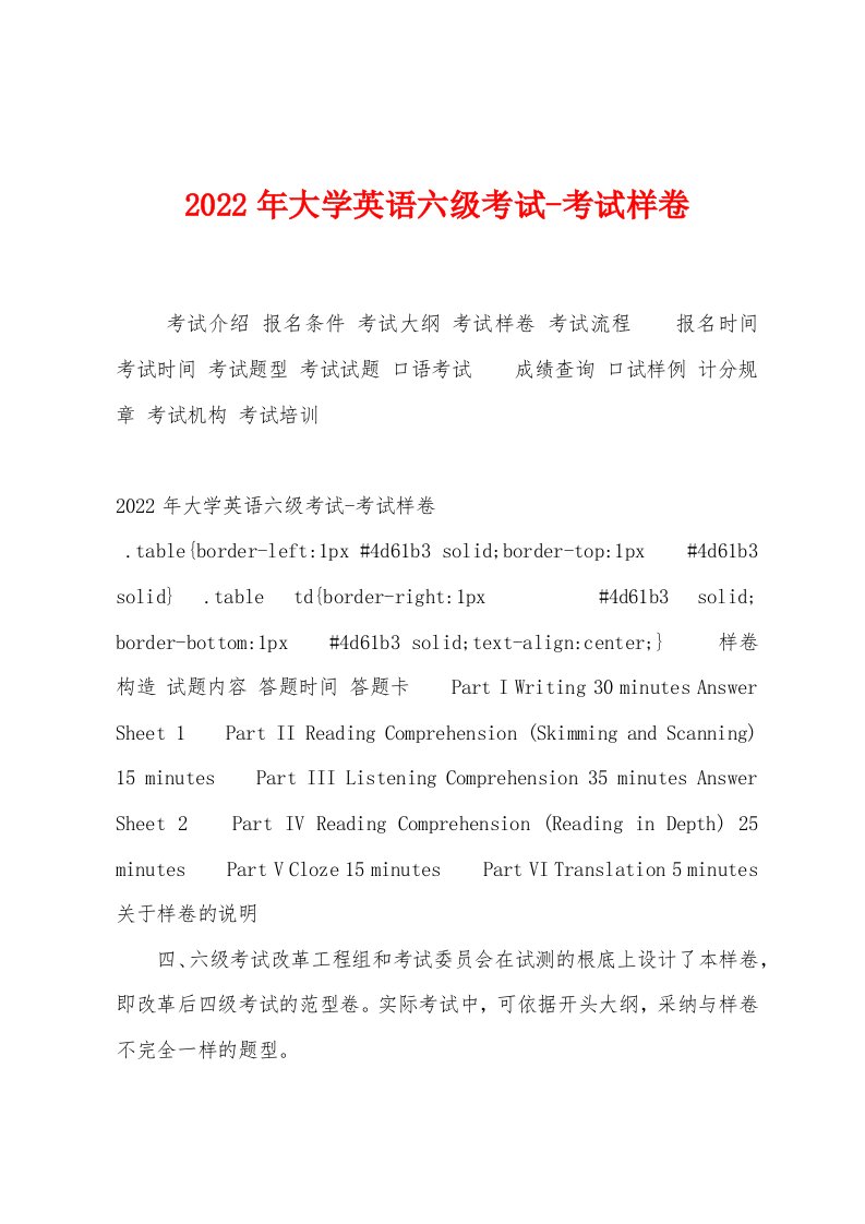 2022年大学英语六级考试-考试样卷