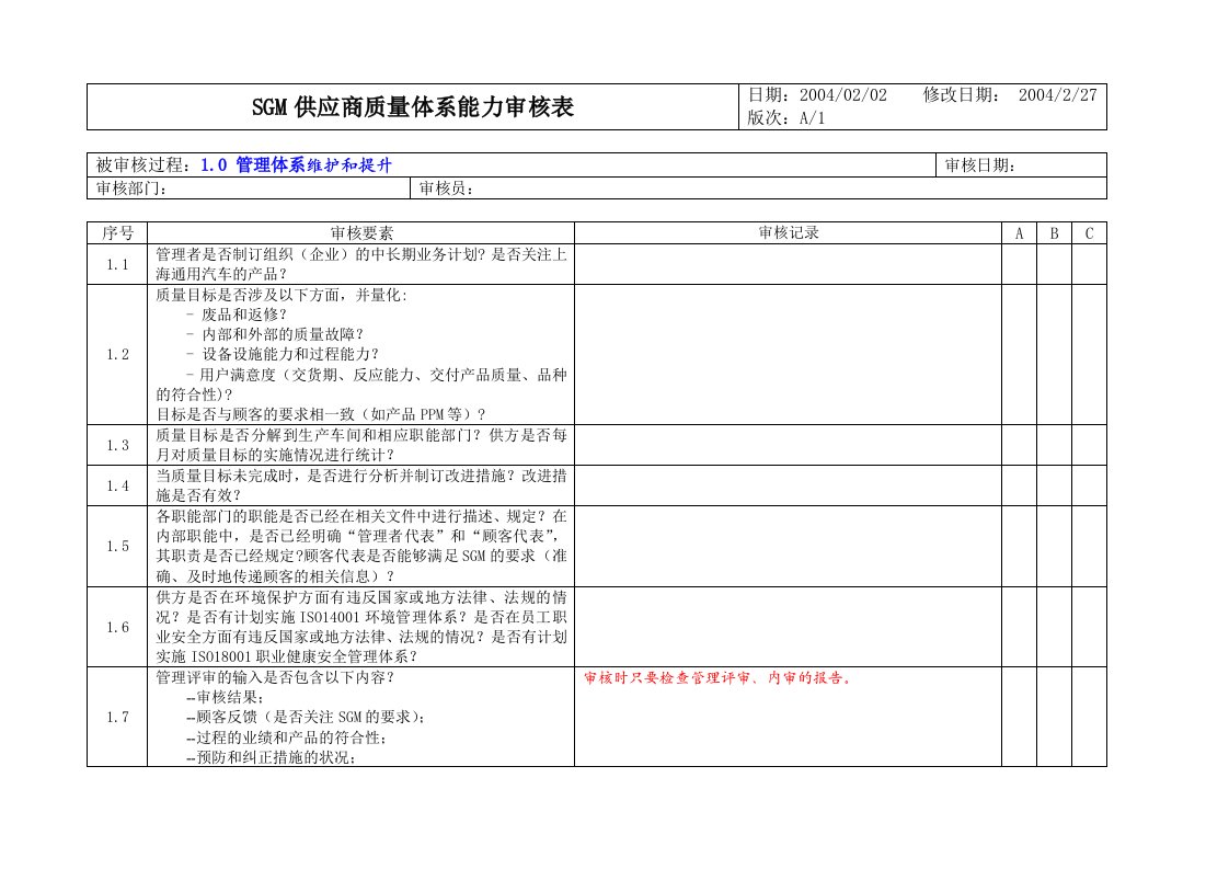 企业】sgm供应商质量体系能力审核表范本（word档）