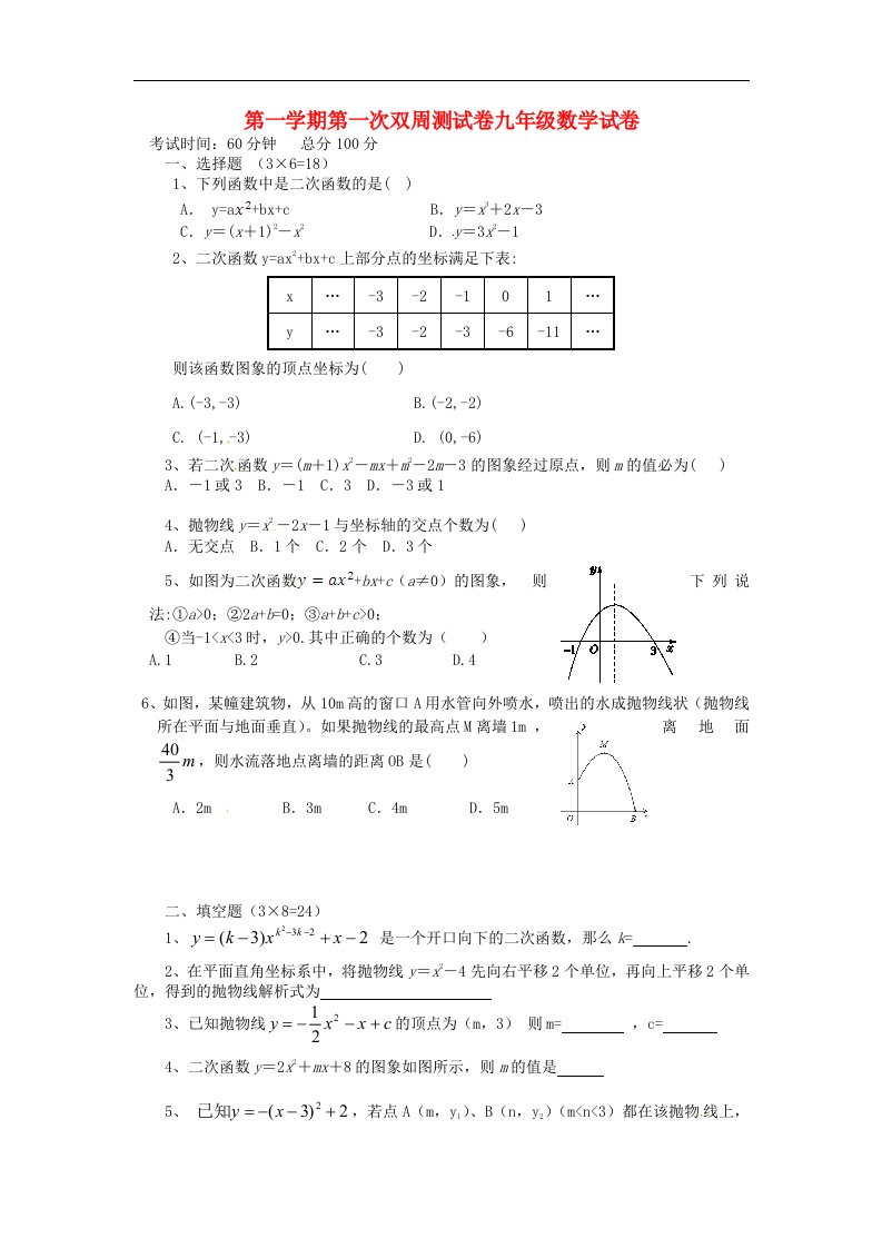 江苏省启东市滨海实验学校九级数学上学期第一次双周测试试题（无答案）