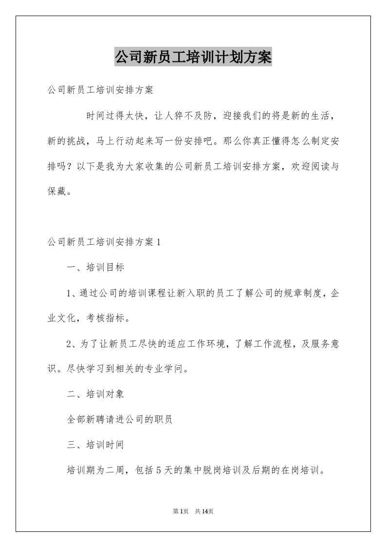 公司新员工培训计划方案