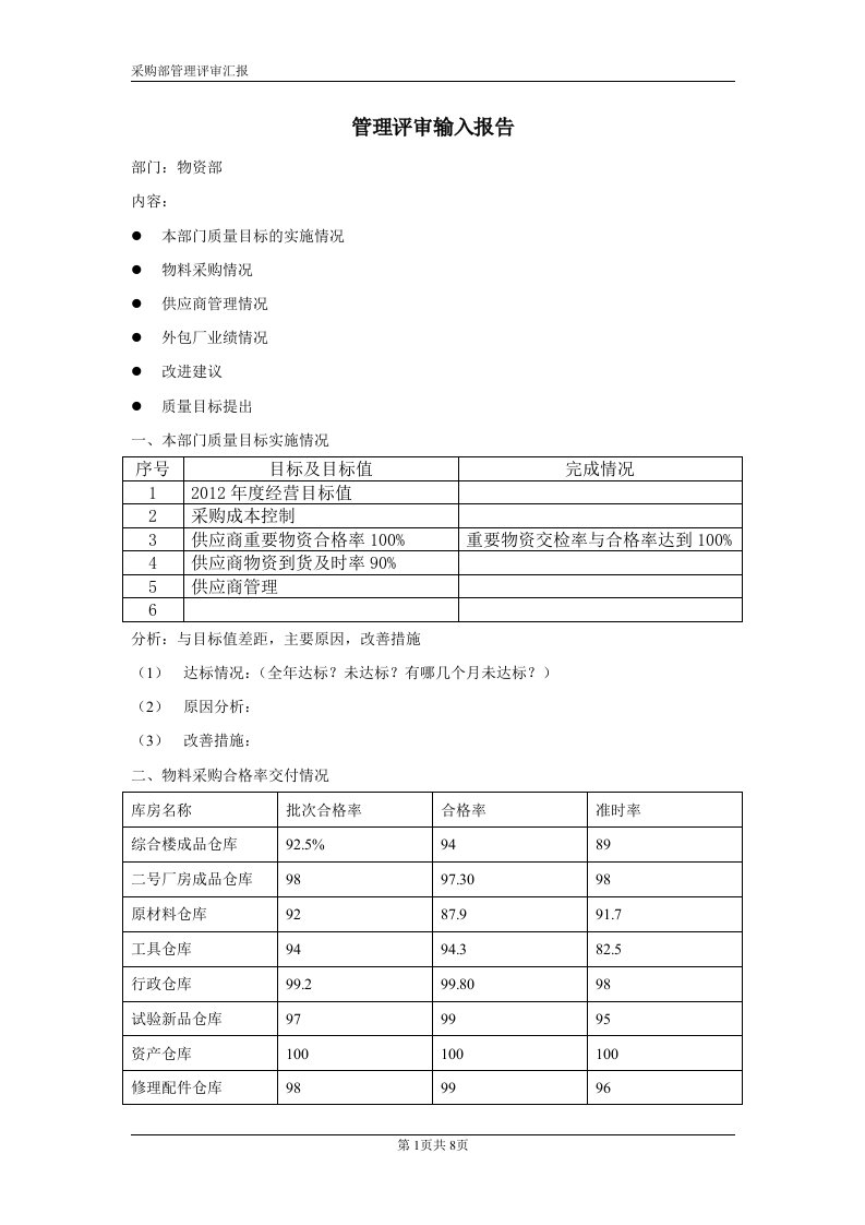 采购部提交管理评审报告