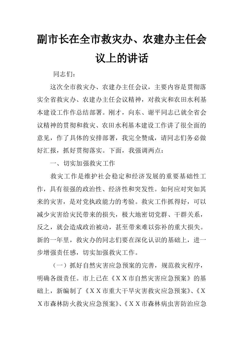 副市长在全市救灾办、农建办主任会议上的讲话