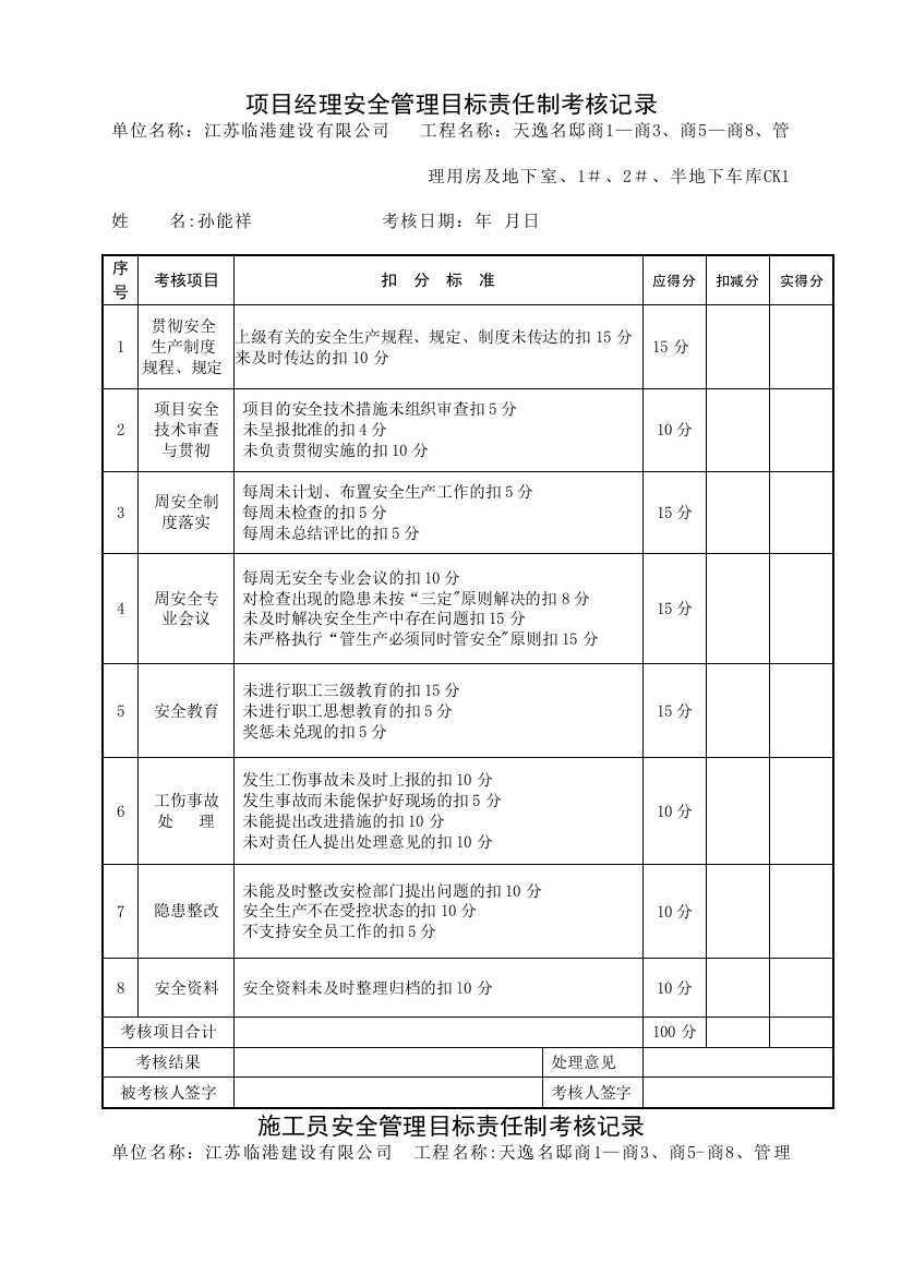 安全管理目标安全责任制考核记录