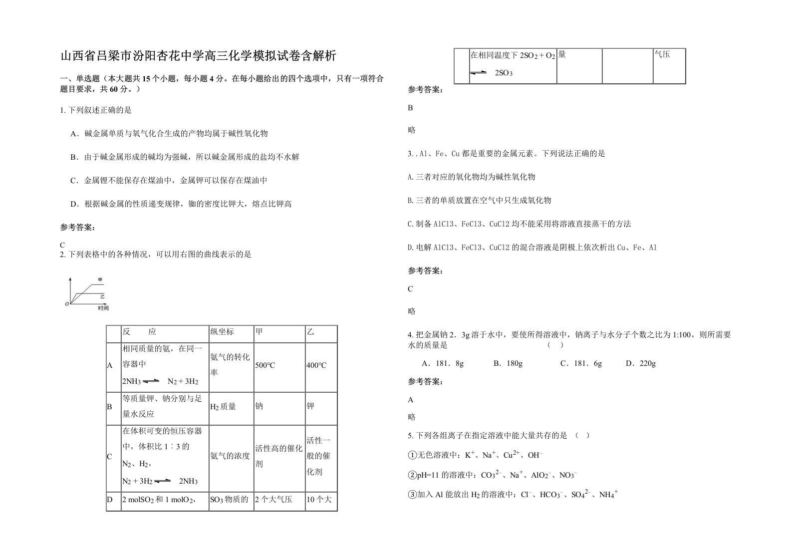 山西省吕梁市汾阳杏花中学高三化学模拟试卷含解析