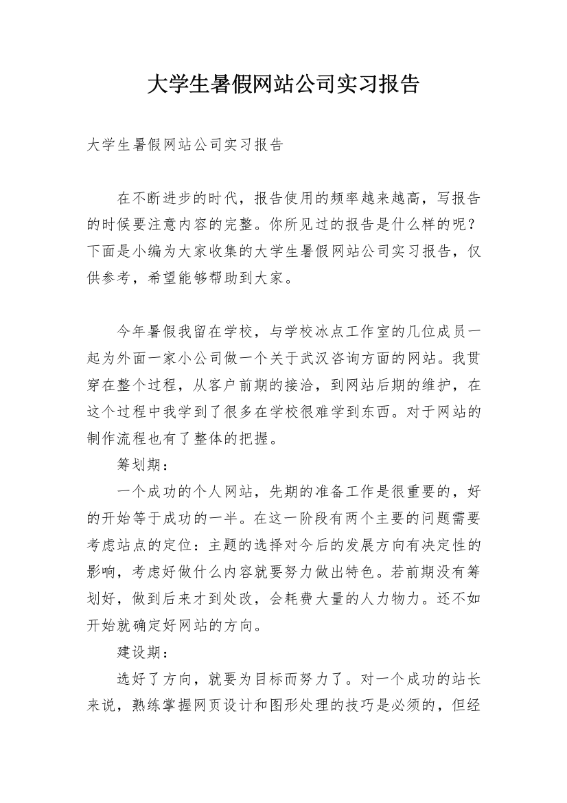 大学生暑假网站公司实习报告