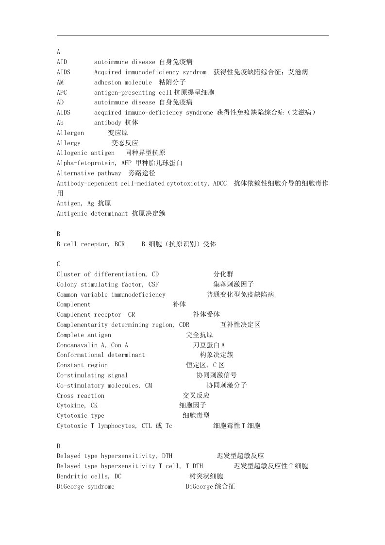 医学免疫学英文缩写资料