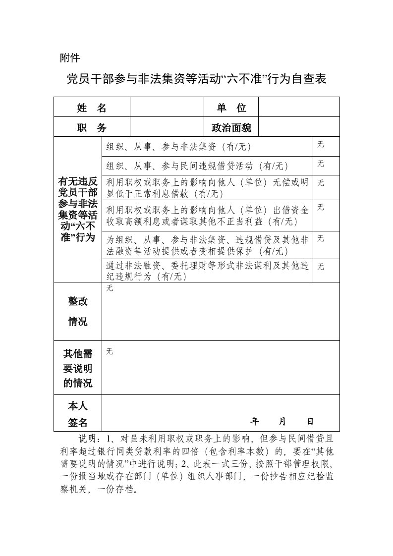 党员干部参与非法集资等活动“六不准”行为自查表