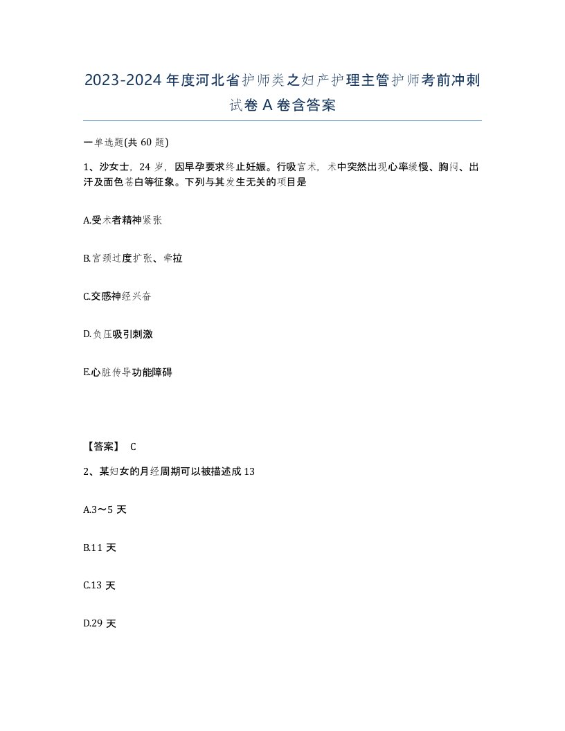 2023-2024年度河北省护师类之妇产护理主管护师考前冲刺试卷A卷含答案