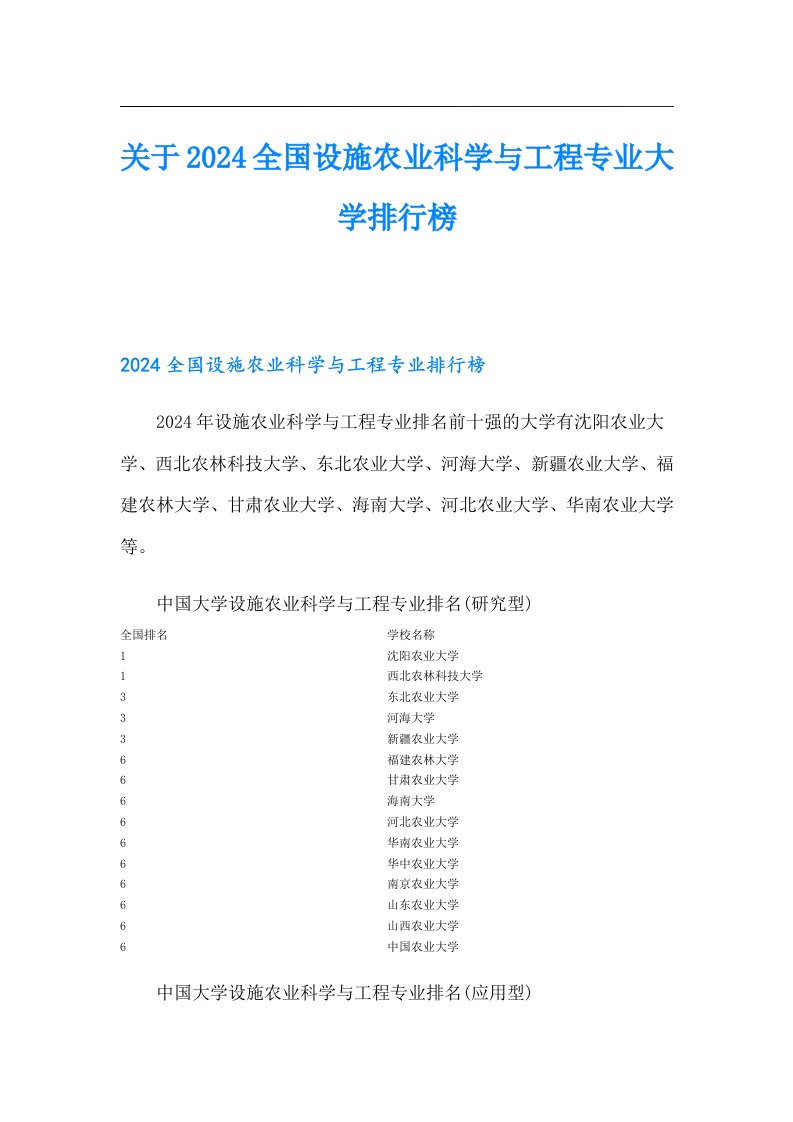 关于2024全国设施农业科学与工程专业大学排行榜