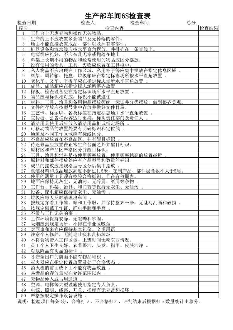 生产部车间6S检查表