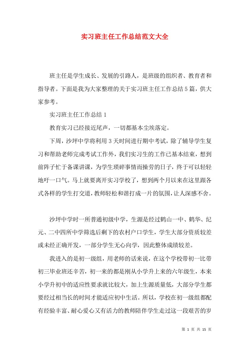 实习班主任工作总结范文大全