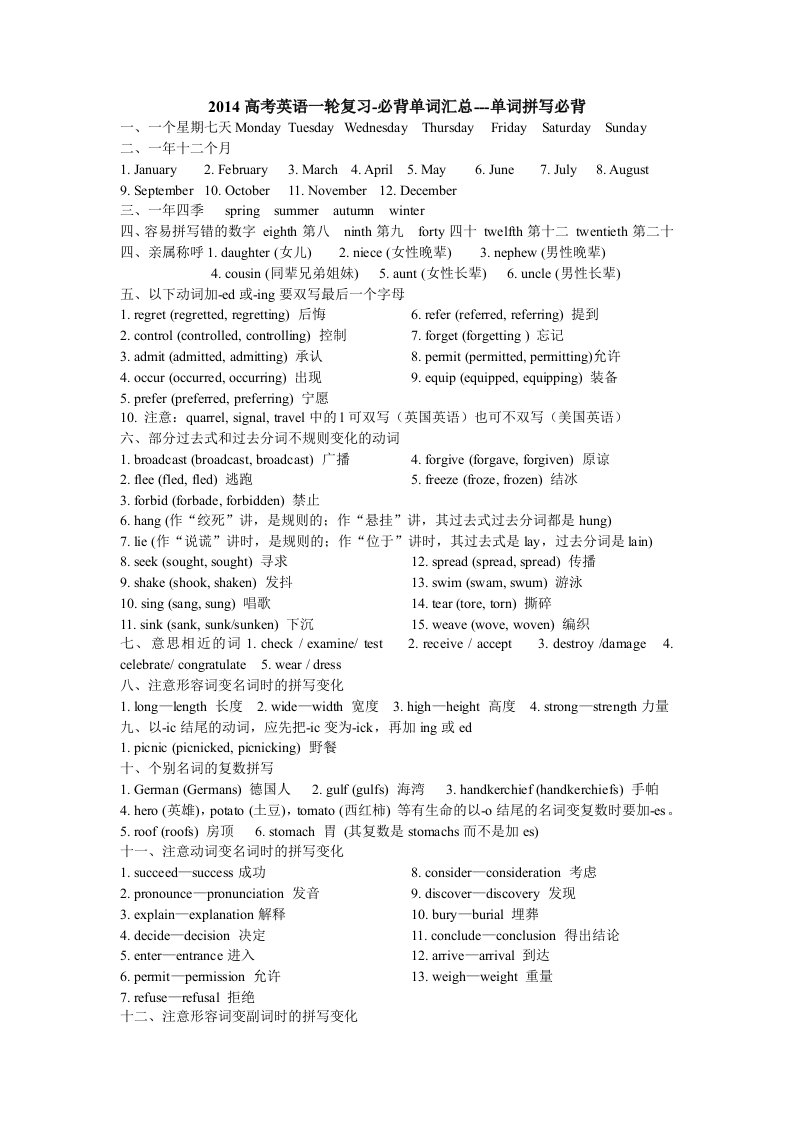 整理后2014高考英语一轮复习必背单词汇总