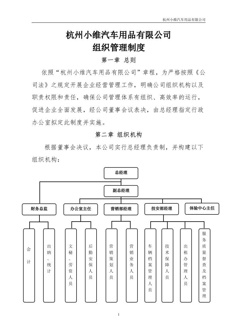 杭州小维汽车用品有限公司组织管理制度