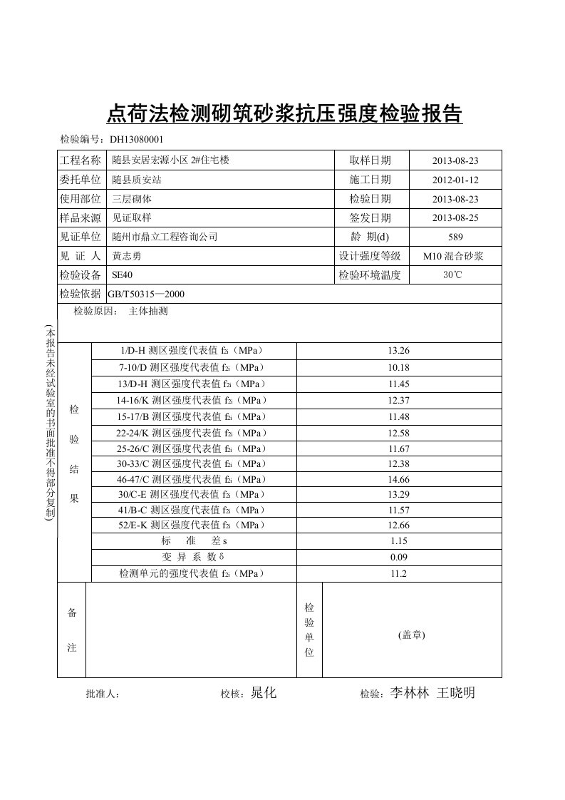 电点荷法检测砌筑砂浆抗压强度检验报告