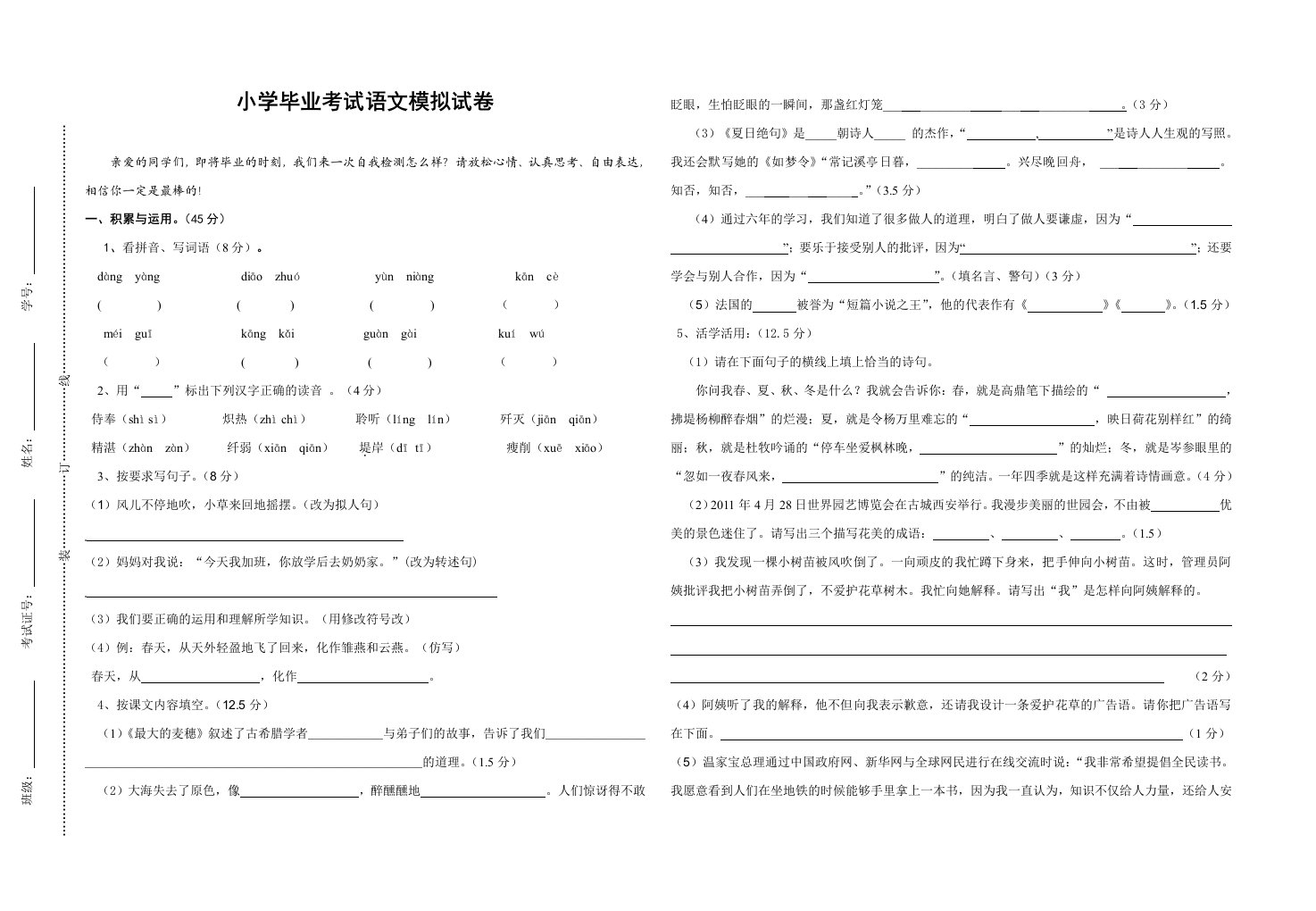 小学毕业考试语文模拟试卷