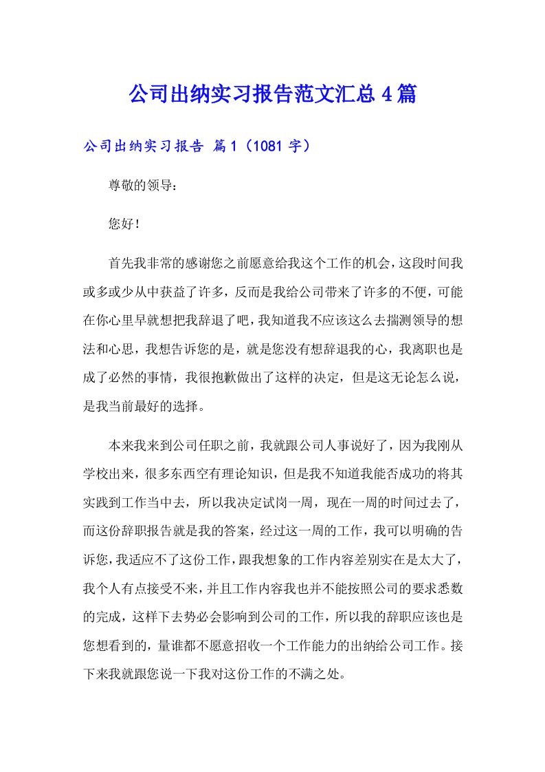 公司出纳实习报告范文汇总4篇