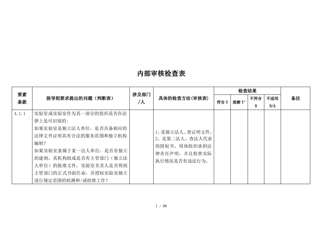 实验室内部审核检查表