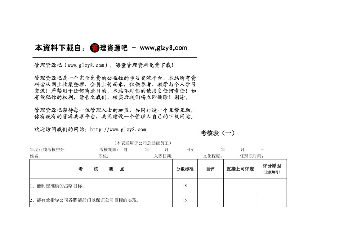 绩效管理表格-考核表一