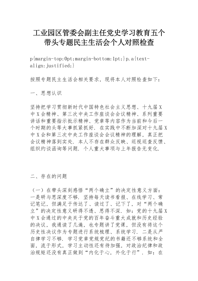 工业园区管委会副主任党史学习教育五个带头专题民主生活会个人对照检查