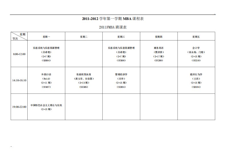 第一学期MBA课程表