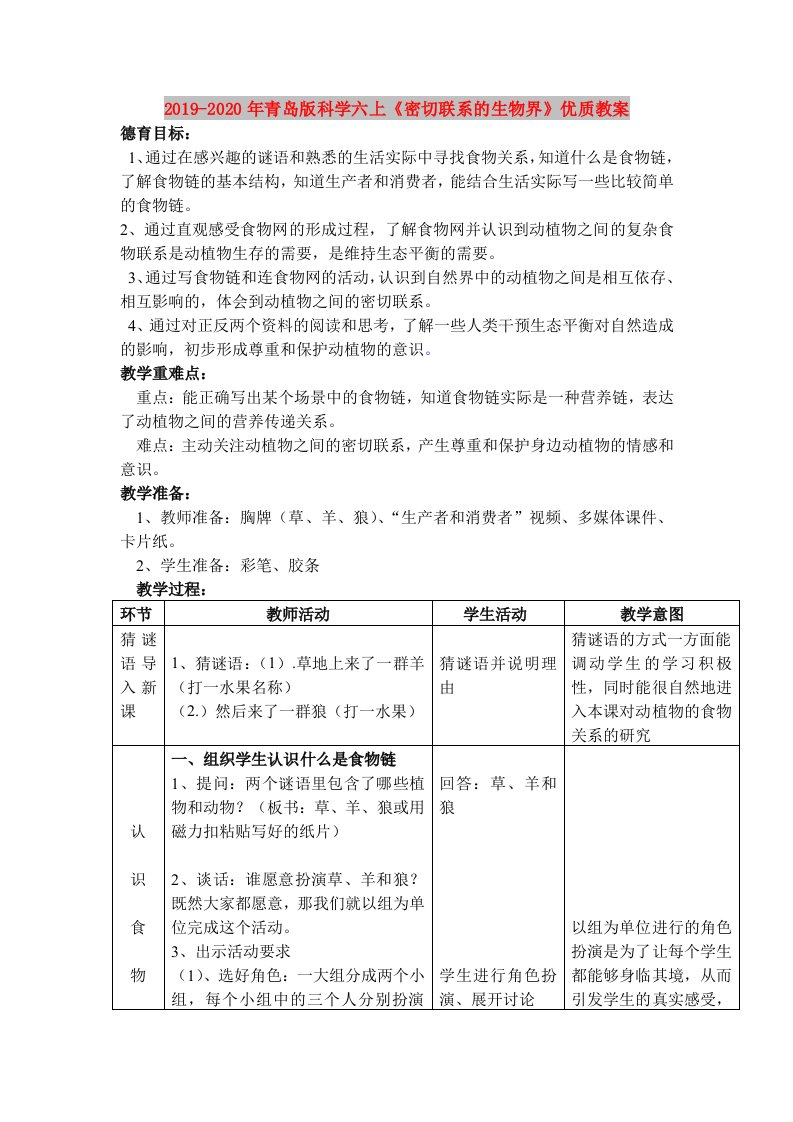 2019-2020年青岛版科学六上《密切联系的生物界》优质教案