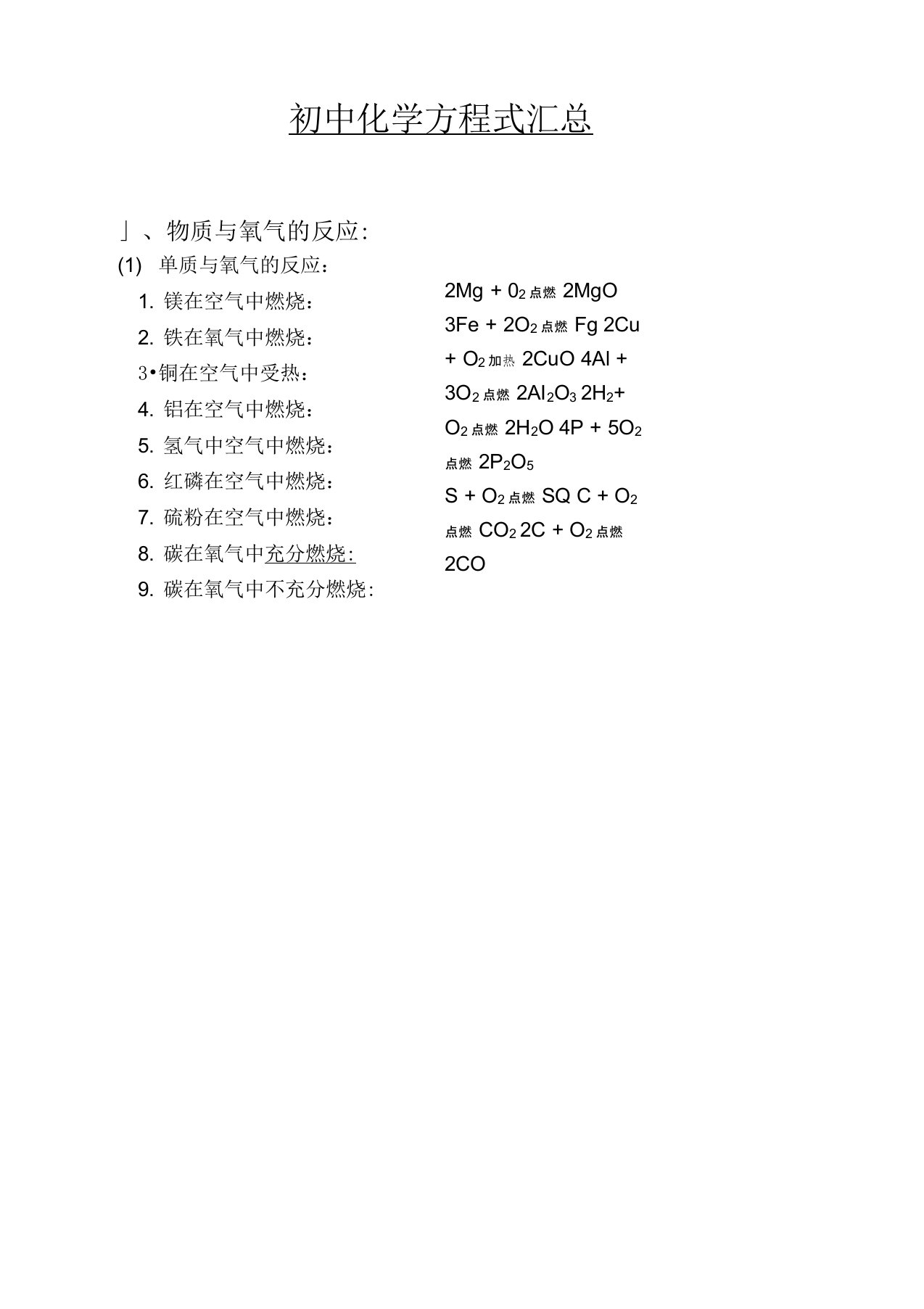 初中化学方程式汇总(打印版)