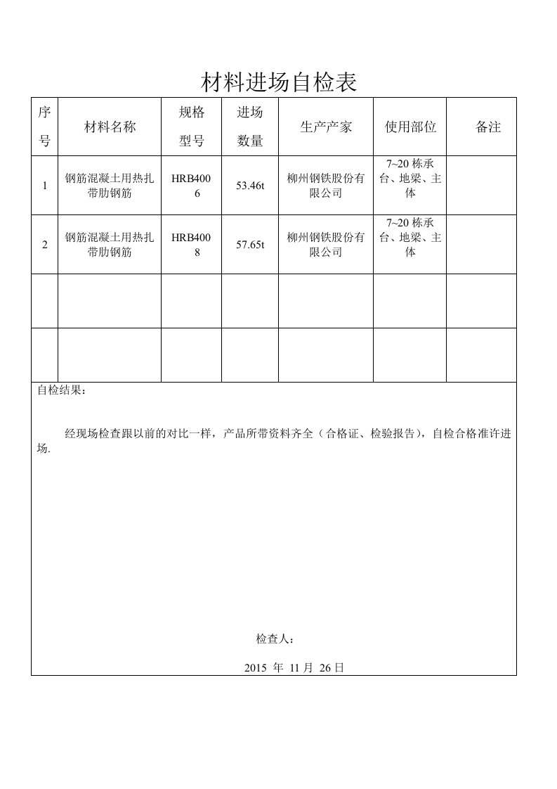 材料进场自检表