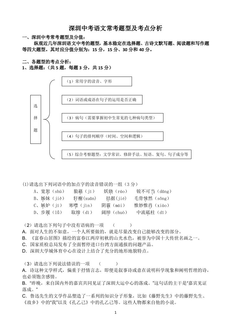 深圳中考语文常考题型及考点分析报告