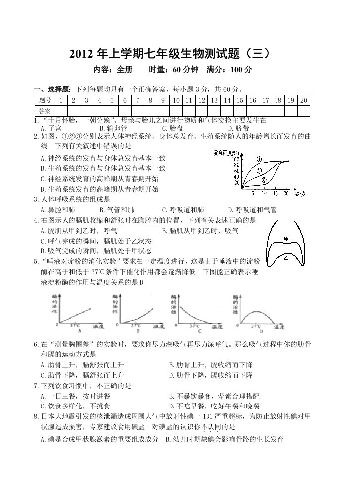 2012年上学期七年级生物测试