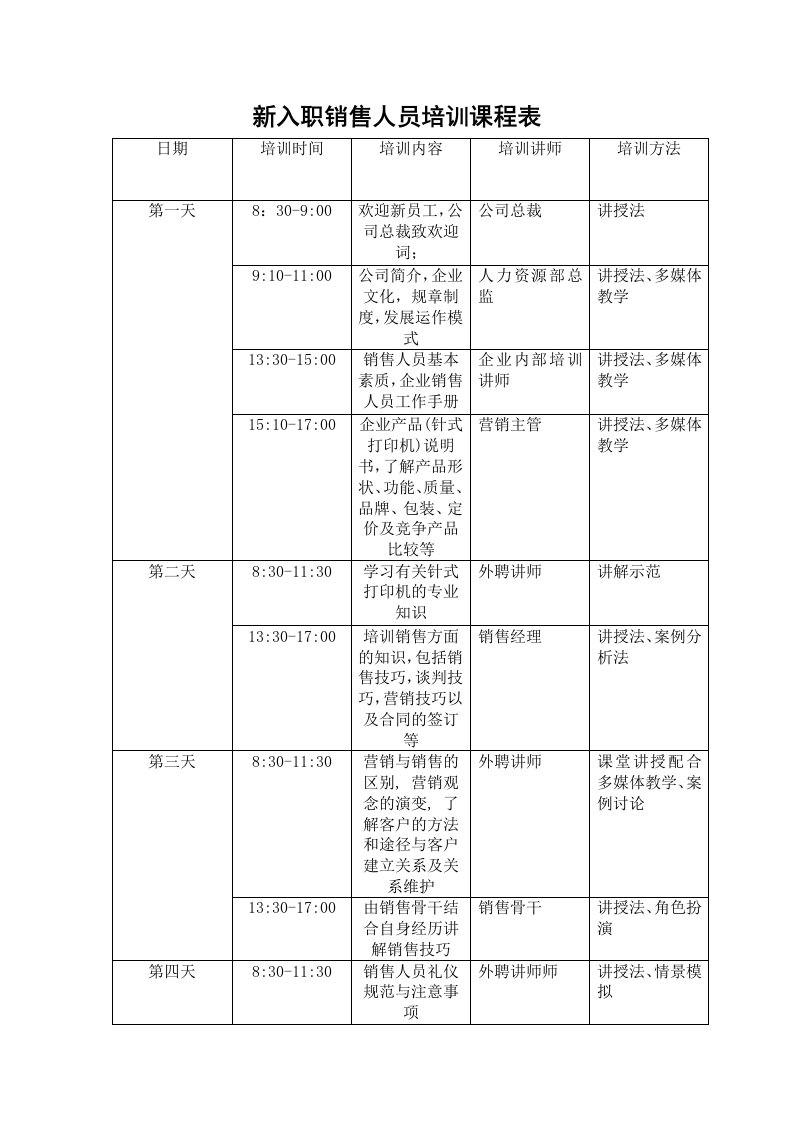 新入职销售人员培训课程表