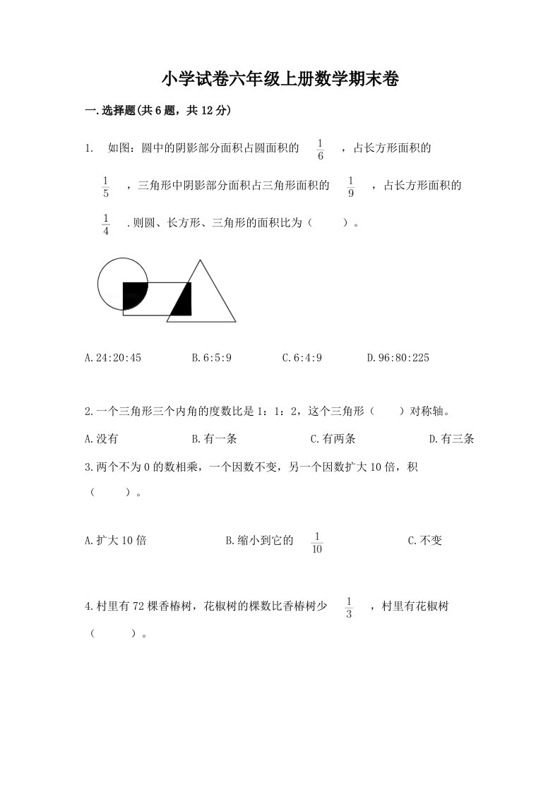 小学试卷六年级上册数学期末卷（重点）