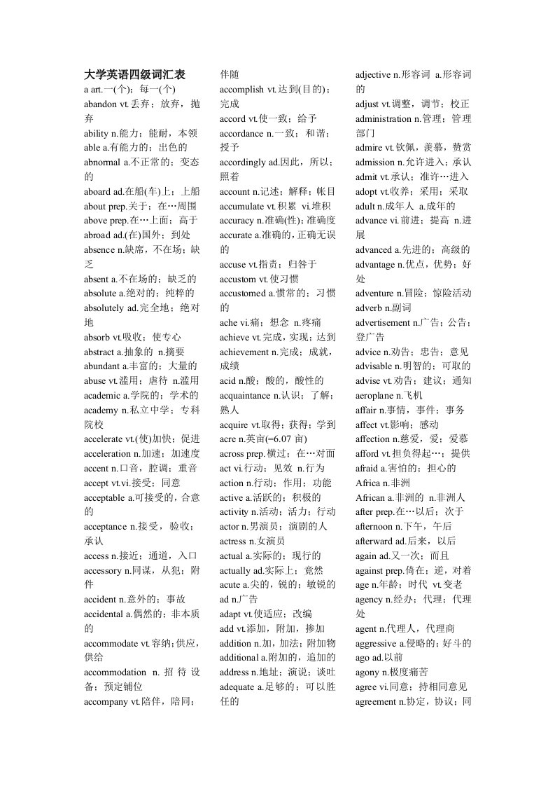 大学英语4级词汇表