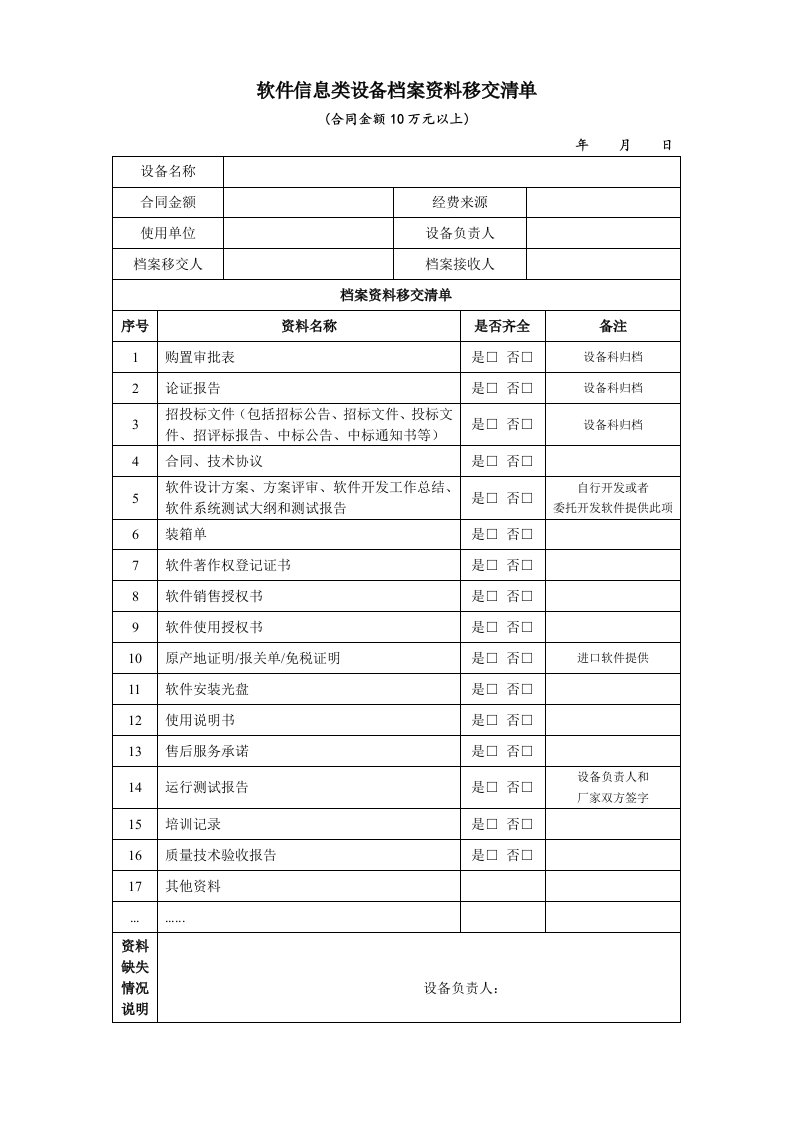 软件信息类设备档案资料移交清单