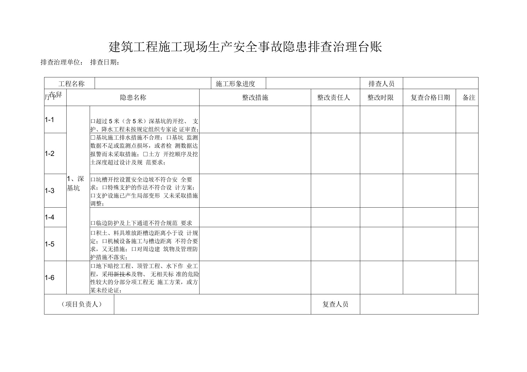 建筑工程施工现场生产安全事故隐患排查治理台账