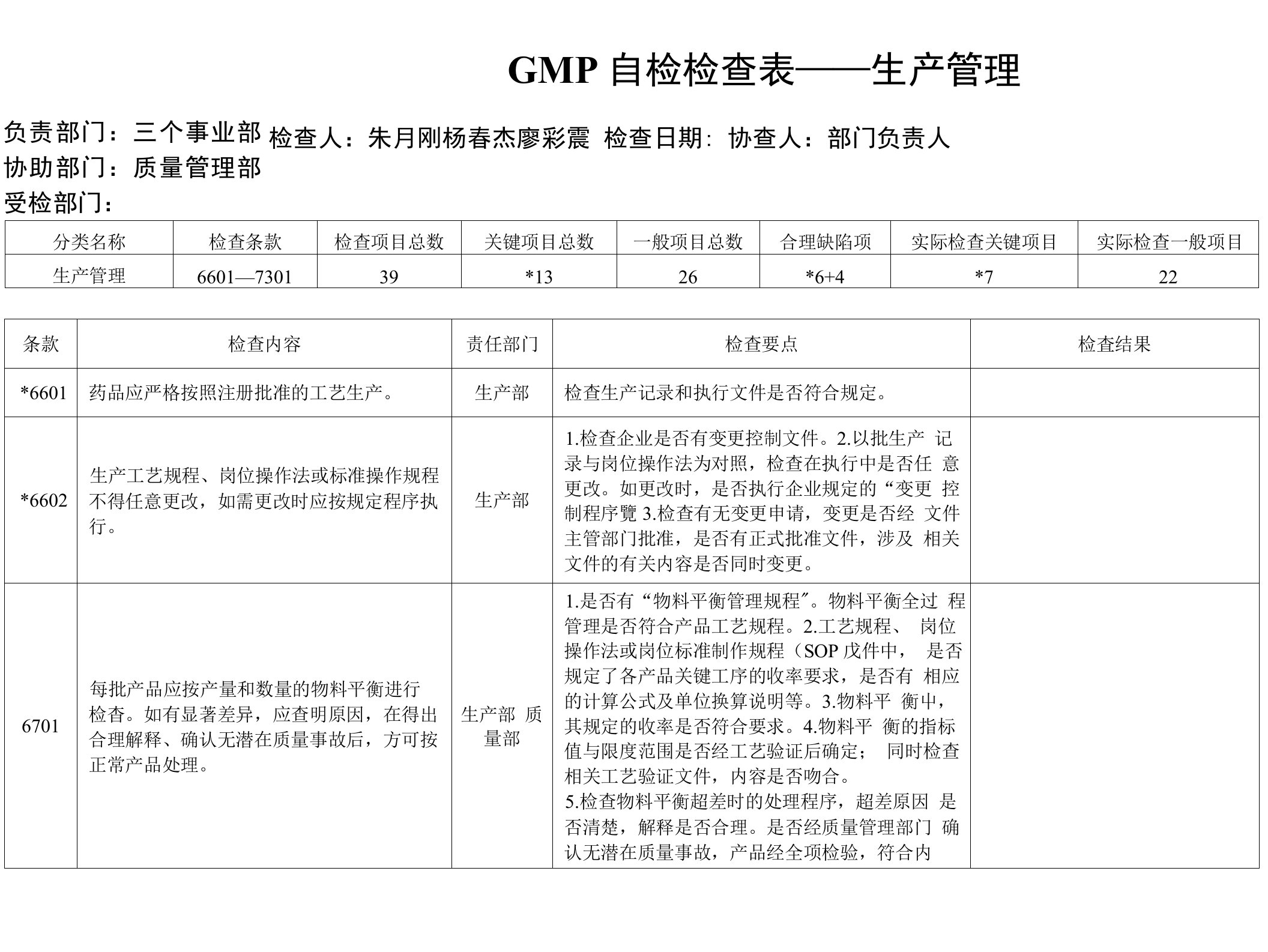 GMP自检检查表(生产管理)