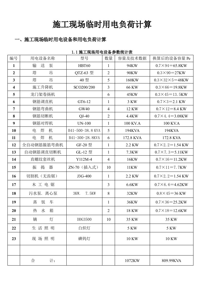 施工现场临时用电设备和用电负荷计算应用完整实例