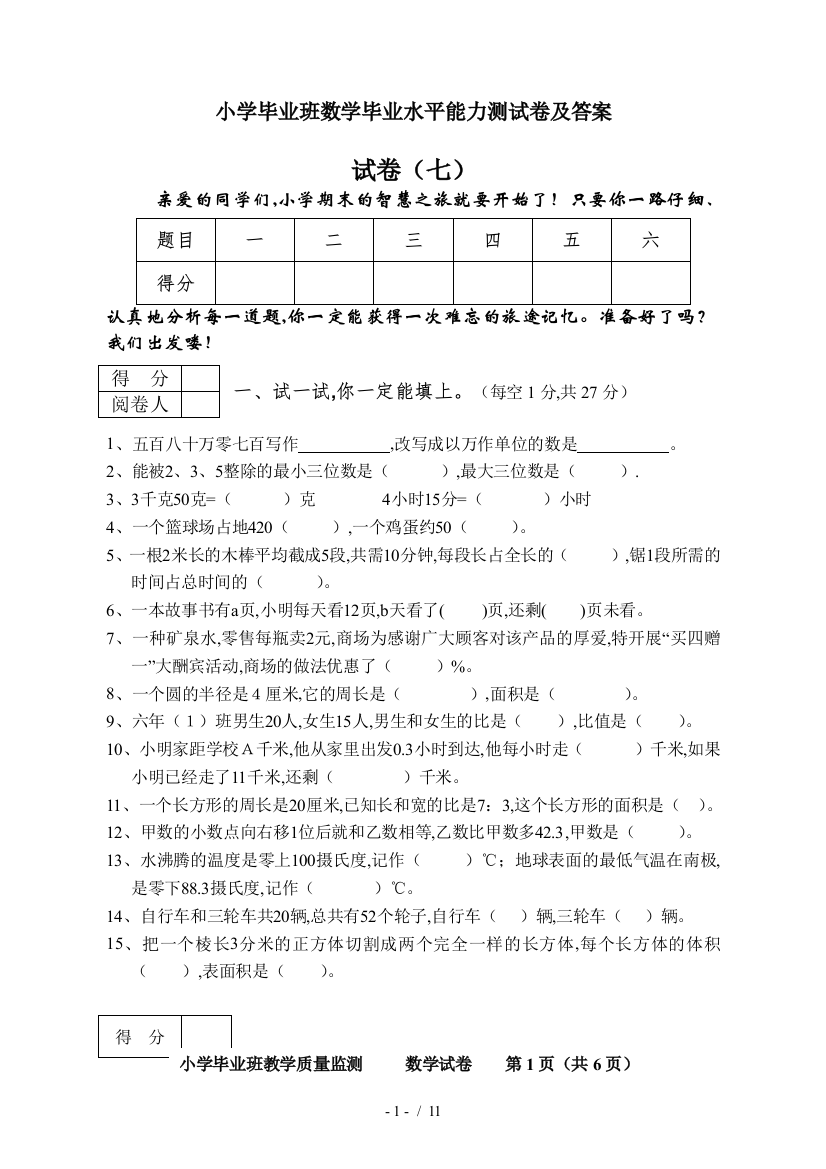 小学毕业班数学毕业水平能力测试卷及答案