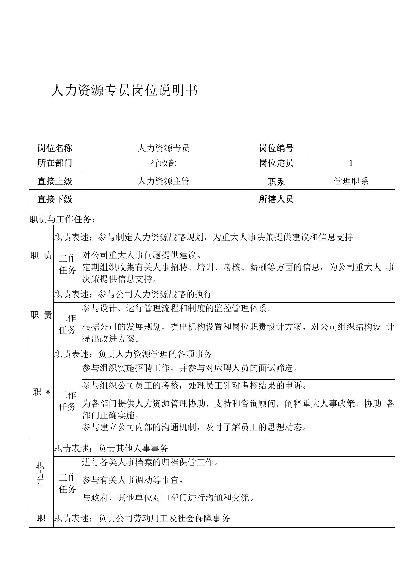 人力资源专员岗位说明书及考核指标