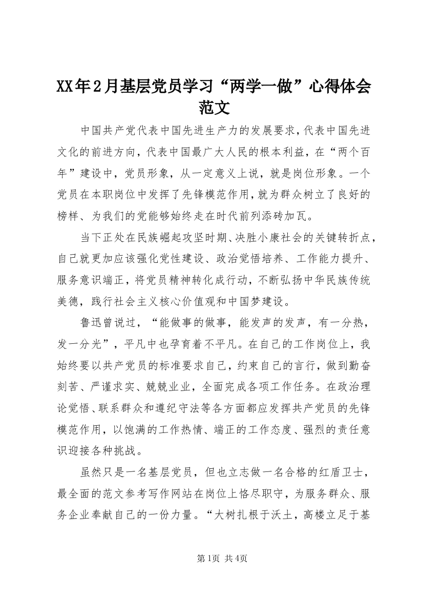 XX年2月基层党员学习“两学一做”心得体会范文