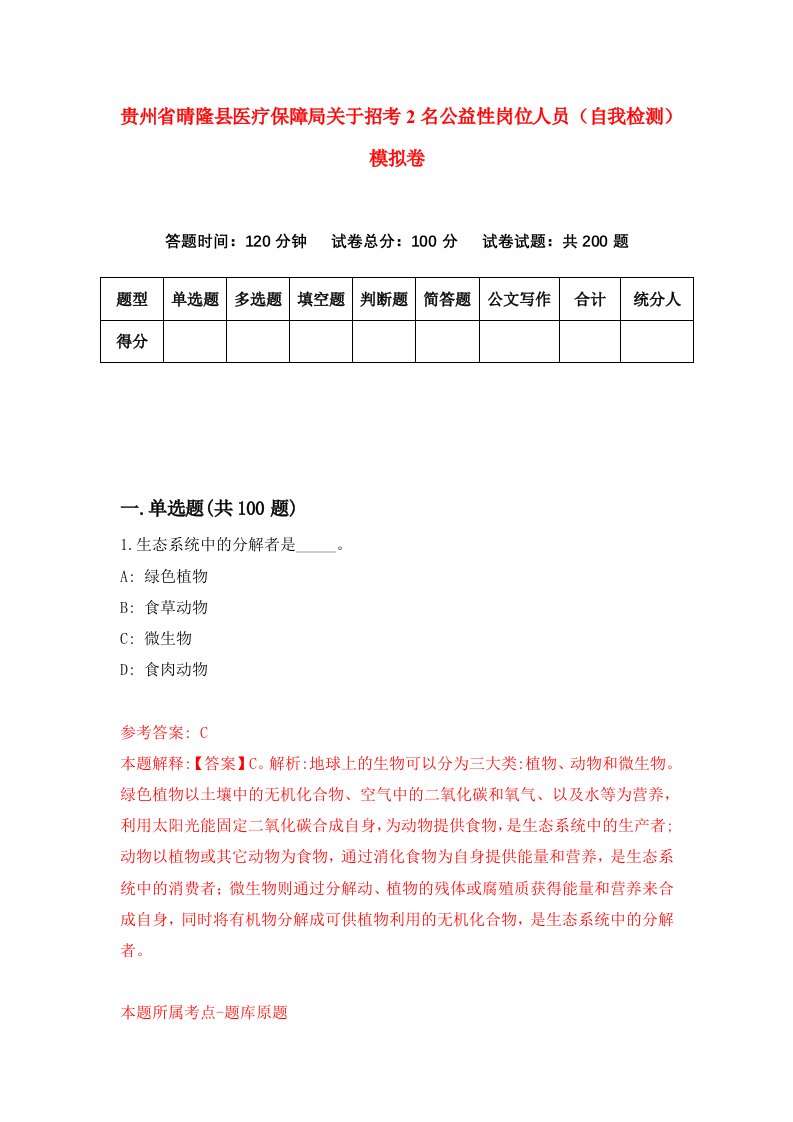 贵州省晴隆县医疗保障局关于招考2名公益性岗位人员自我检测模拟卷第6套