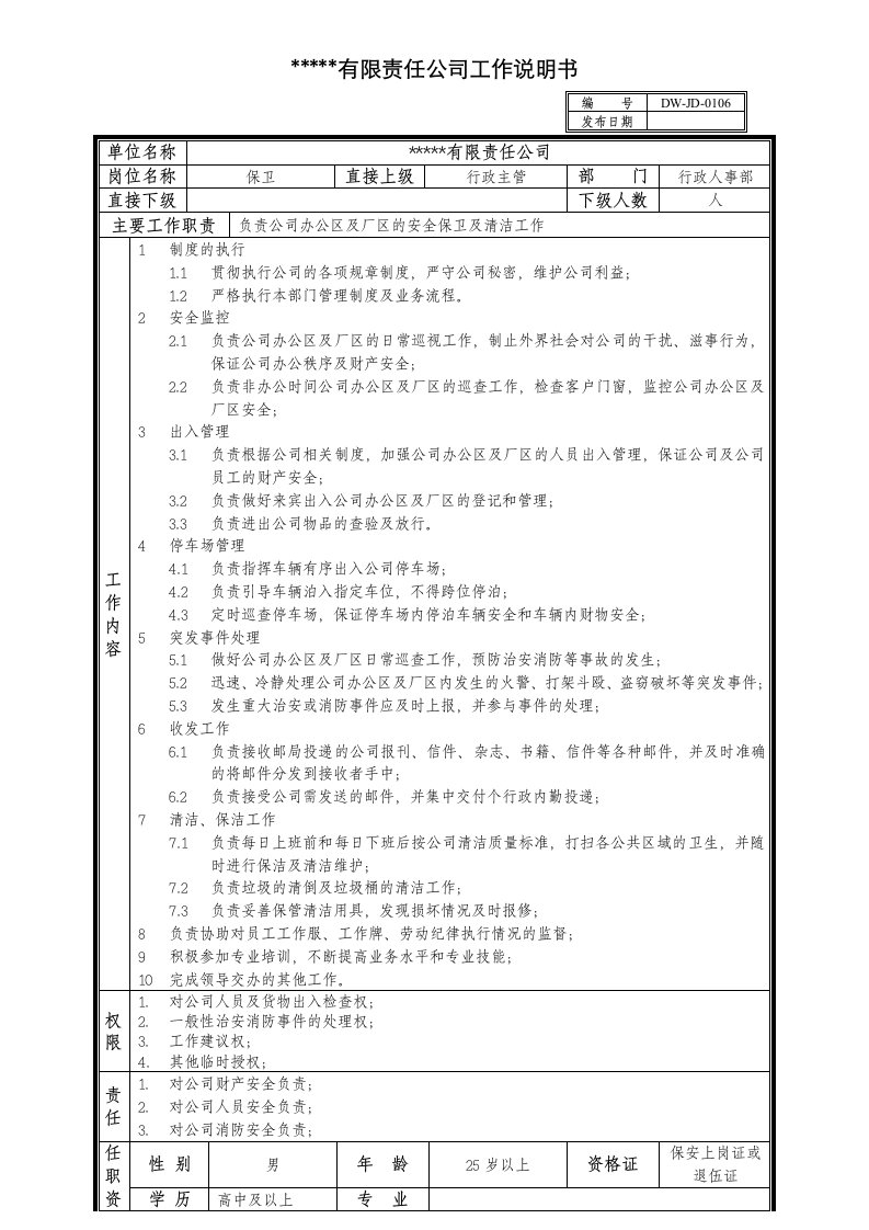 某中型制造业保卫岗位说明书及KPI指标