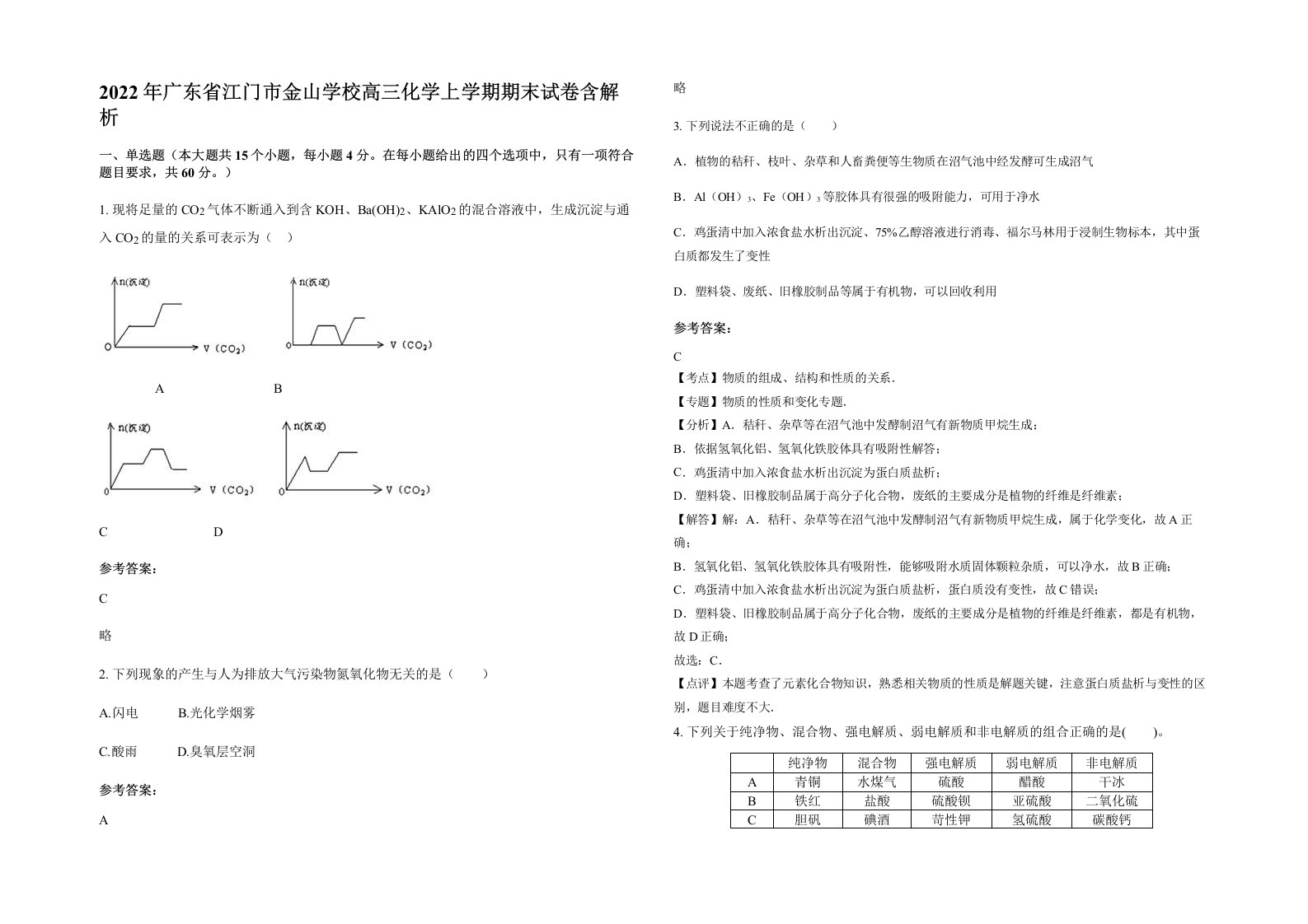 2022年广东省江门市金山学校高三化学上学期期末试卷含解析