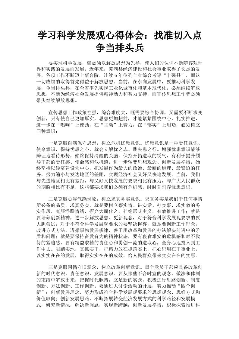 学习科学发展观心得体会：找准切入点争当排头兵