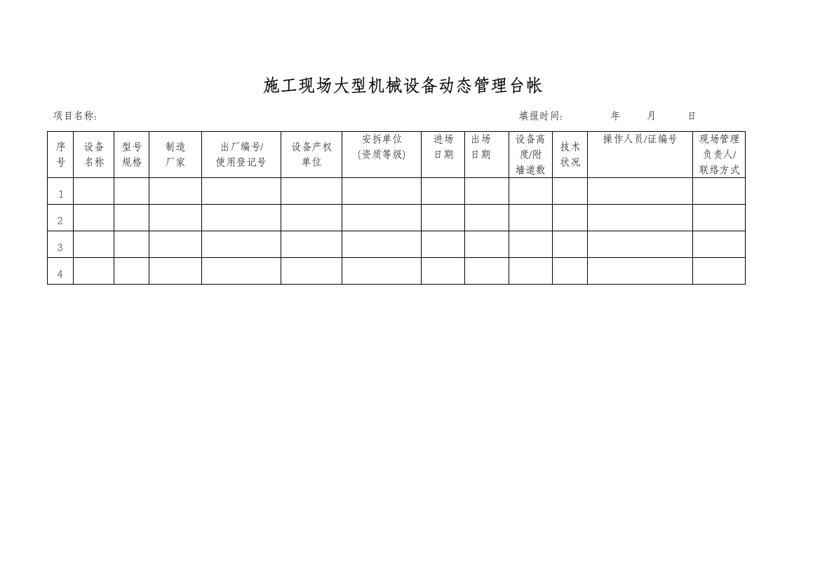 施工现场大型机械设备动态管理台帐