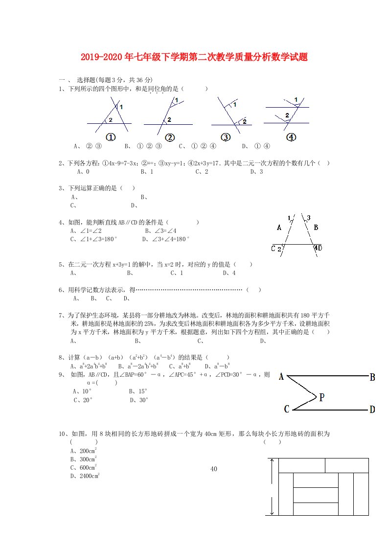 2019-2020年七年级下学期第二次教学质量分析数学试题